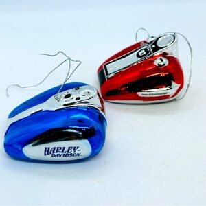 Harley-Davidson Chrome Plated Porcelain Gas Tank Christmas Ornaments Red & Blue